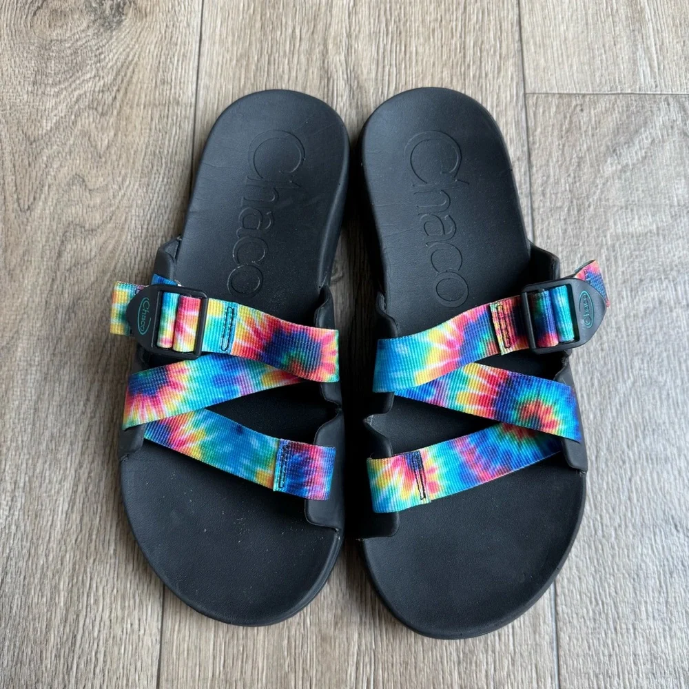 Chaco Chillos men size 11 rainbow tie dye slide sandals black